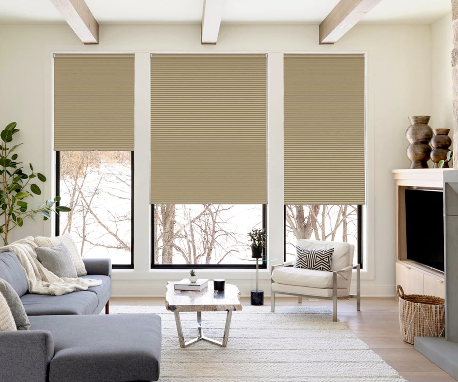 LazBlinds Cordless Cellular Shades, No Tools No Drill Blackout Honeycomb Shades Pleated Blinds for Windows, 35'' W x 48'' H, Taupe